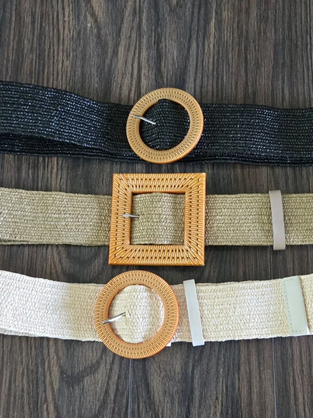 Woven Raffia Belt Set with Faux Wooden Buckles (Cream, Tan, Black) NWOT/SIZE XL